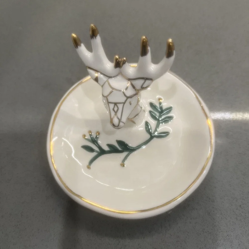 NEW-heather goldminc blue sky ceramic ring/pin tray/dish stag/rein deer/hart